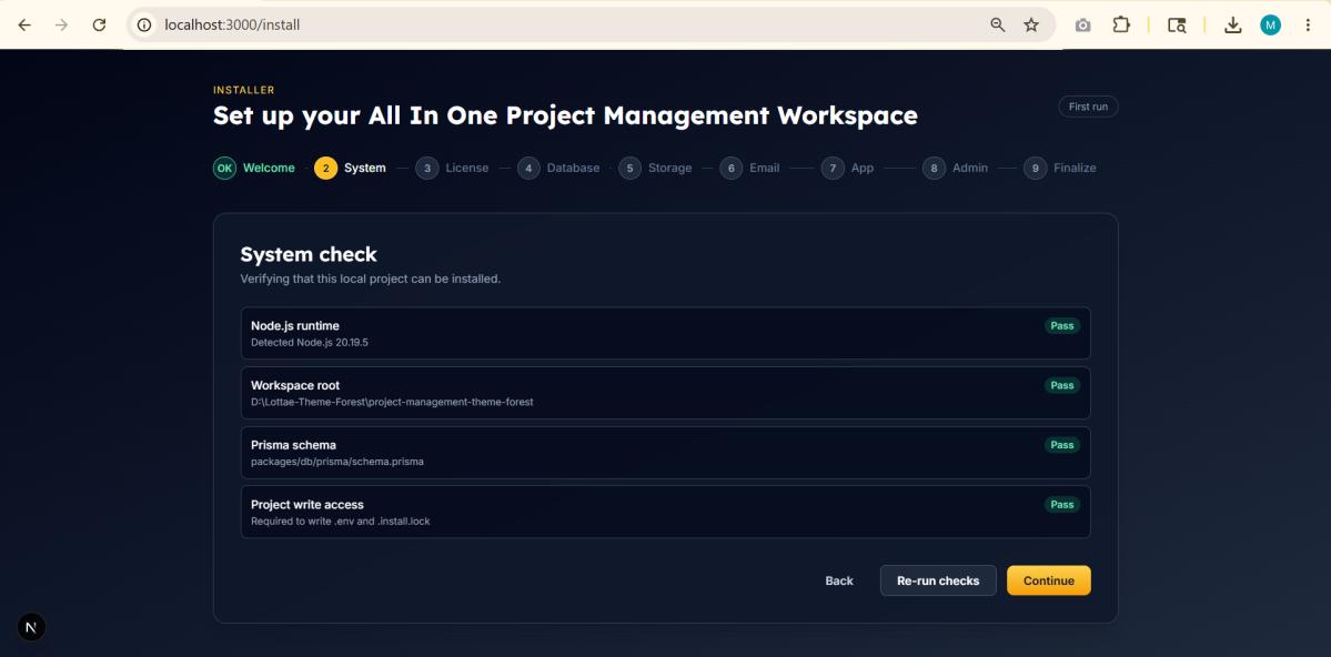 Setup wizard system check step with all checks passing