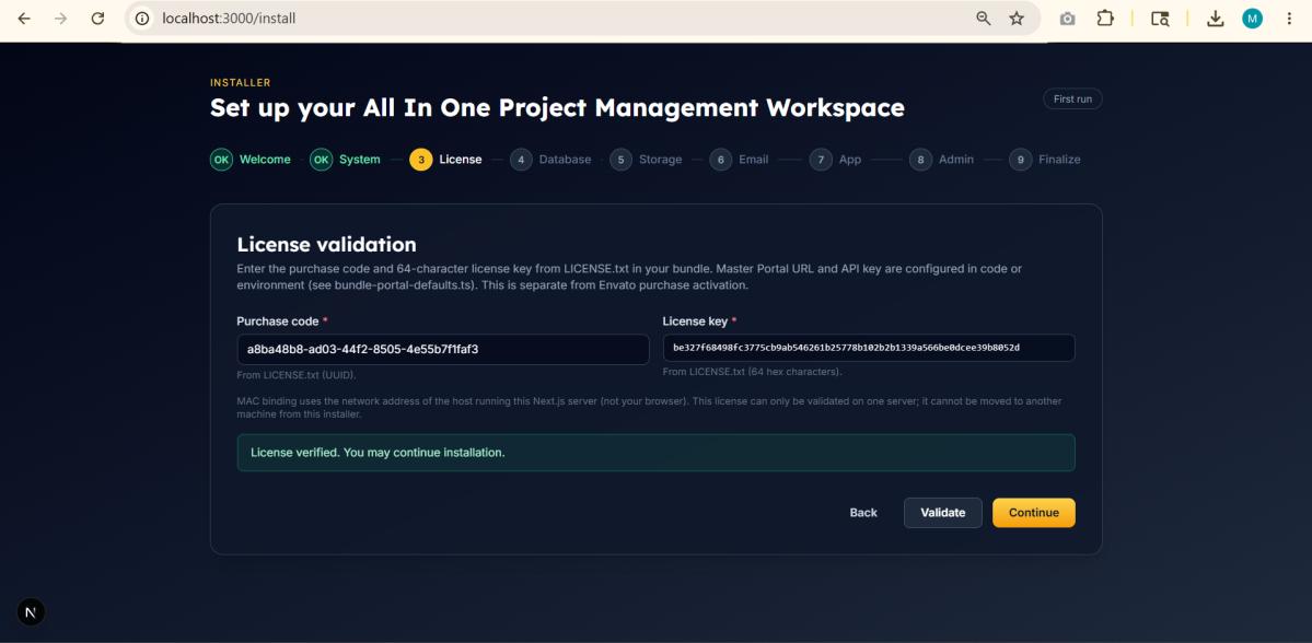 Setup wizard license validation step