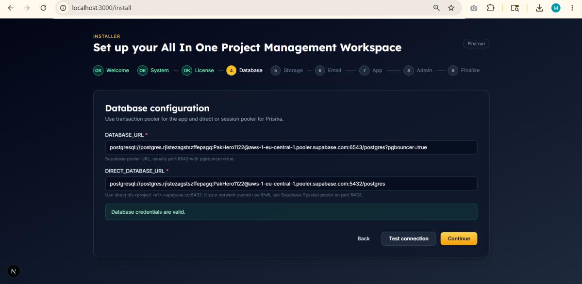 Setup wizard database configuration step