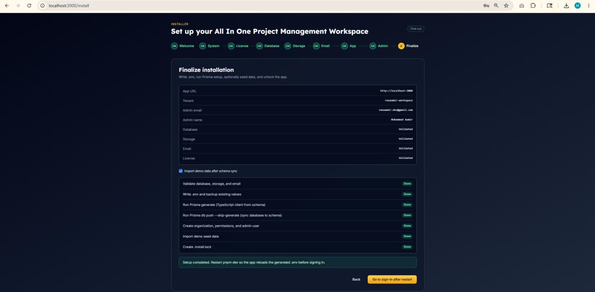 Setup wizard finalize step showing all stages complete