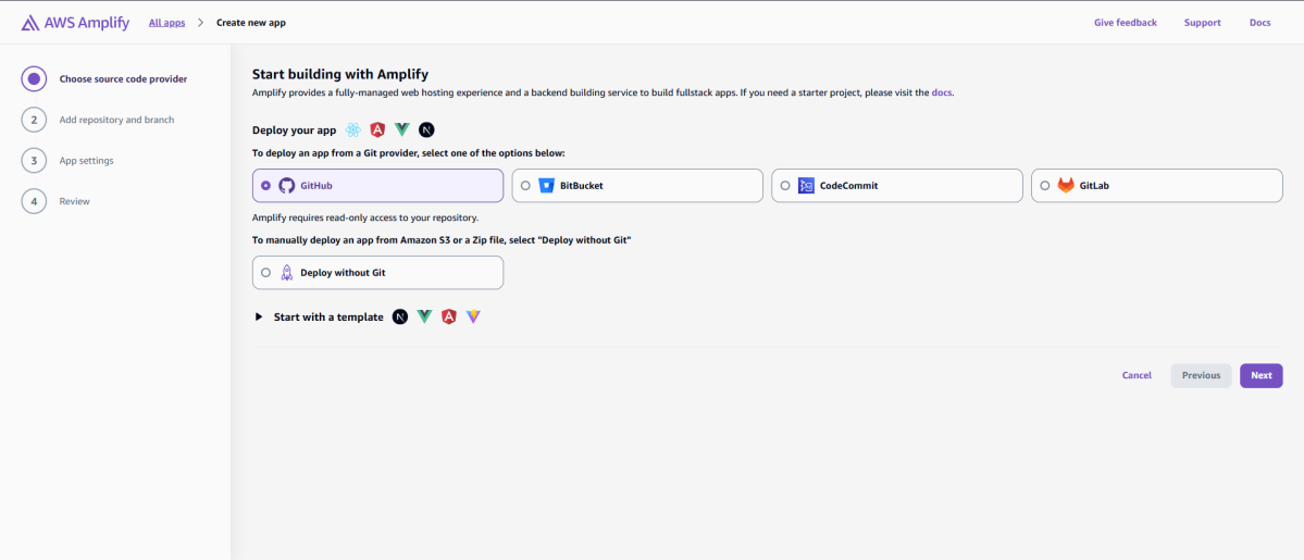 AWS Amplify create app - choose GitHub source