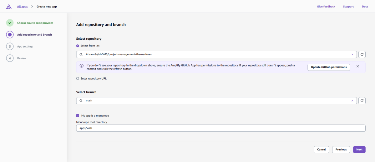 AWS Amplify add repository and monorepo root apps/web