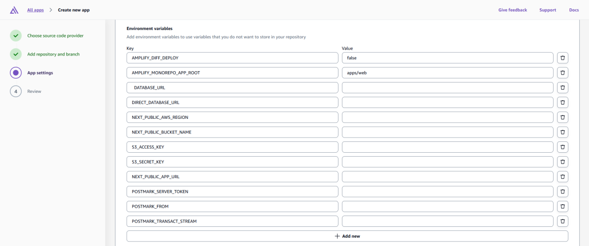 AWS Amplify environment variables configuration
