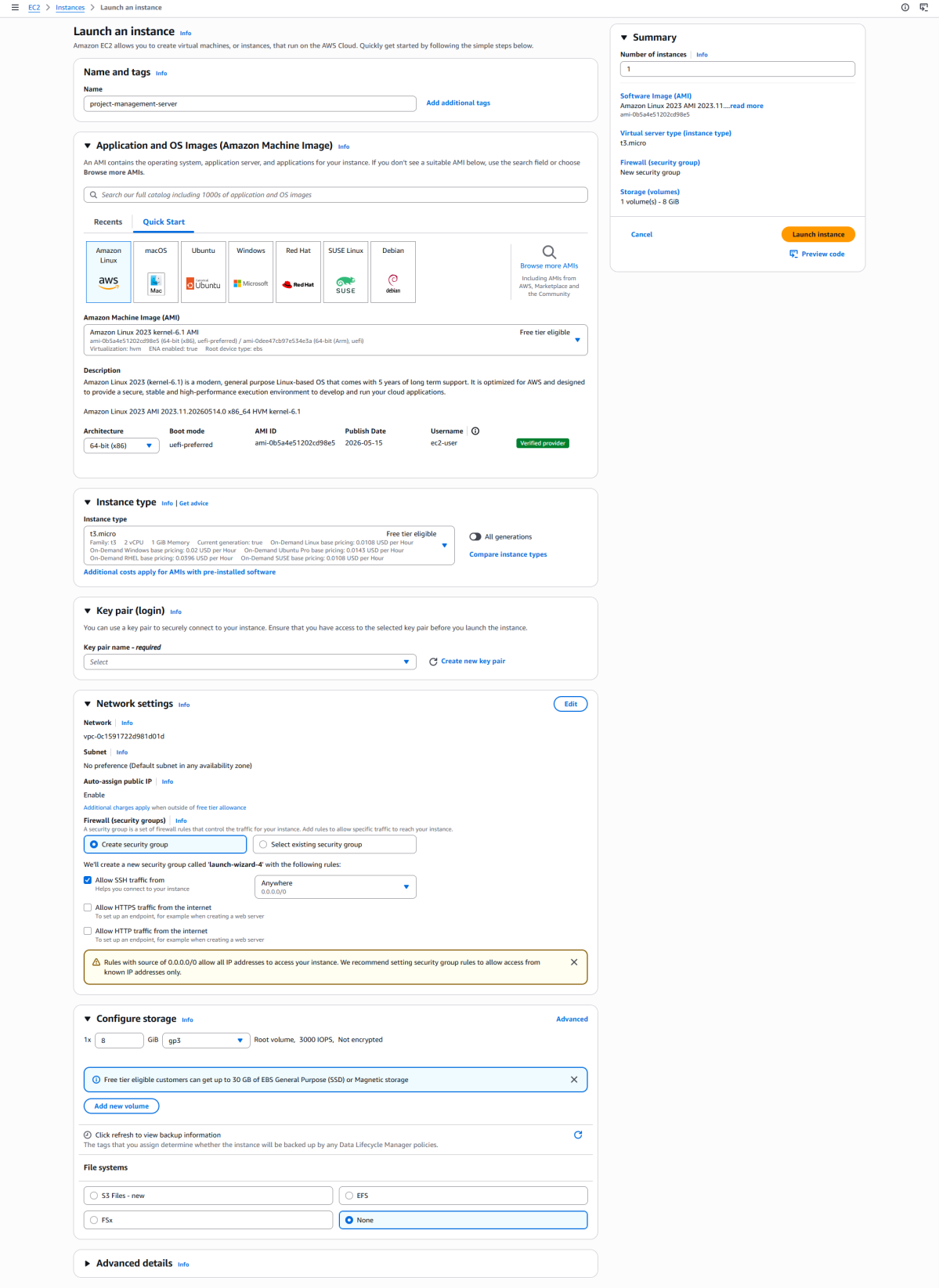 AWS EC2 Launch instance configuration screen