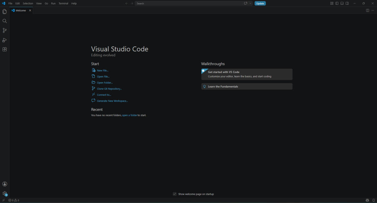 VS Code welcome screen with Open Folder option