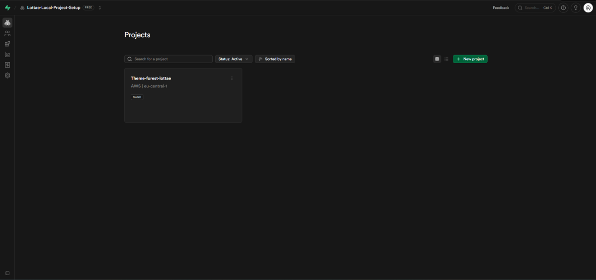 Supabase dashboard showing a new project