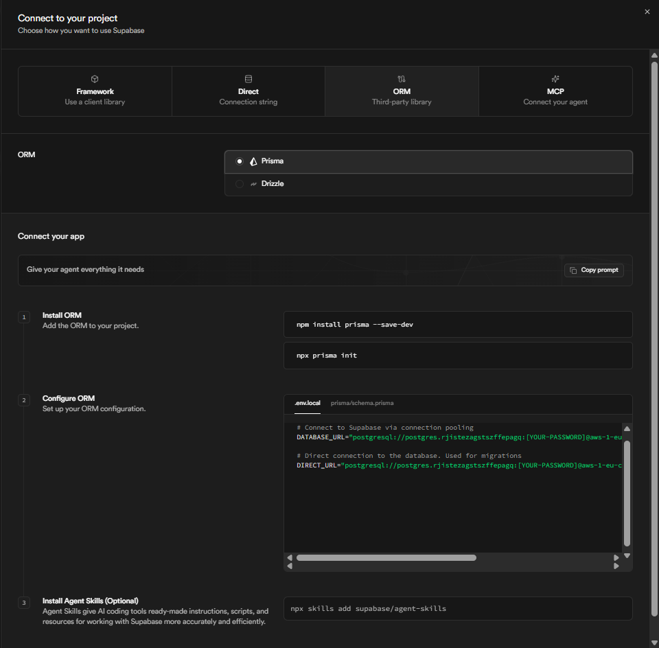 Supabase connection strings for DATABASE_URL and DIRECT_DATABASE_URL