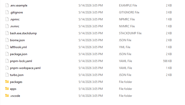 Project root showing package.json, apps, and packages folders