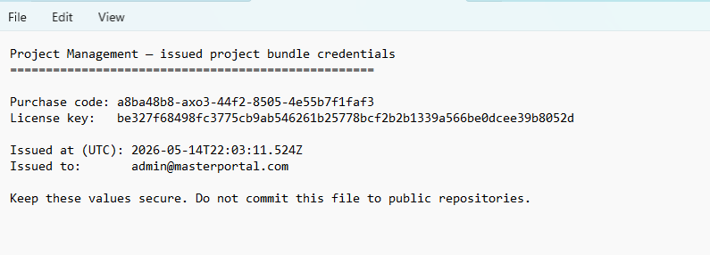 LICENSE.txt file showing purchase code and license key